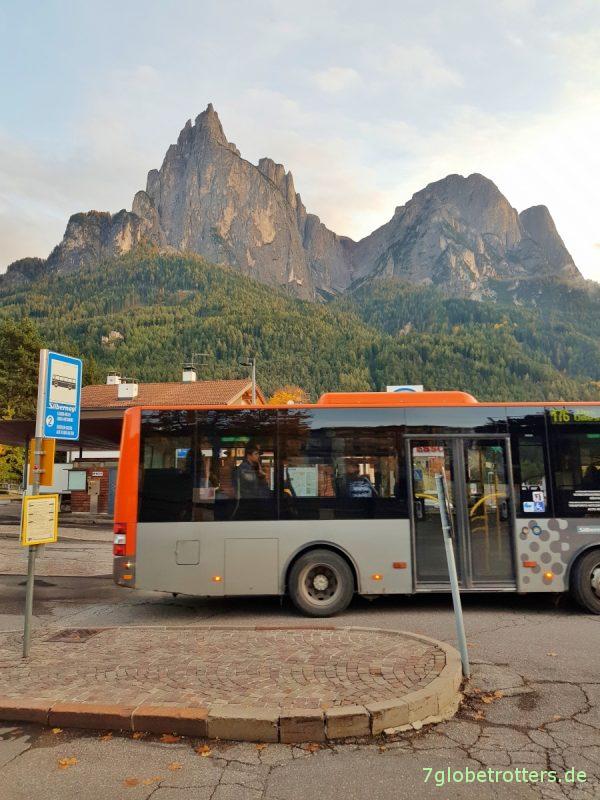 Fahrt mit der Bahn in die Dolomiten, Bus Südtirol, Seis