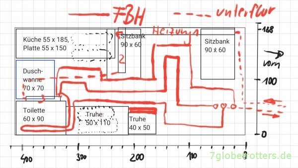 Grundriss und Verlegeplan für die Nachrüstung meiner Fußbodenheizung im Wohnmobil