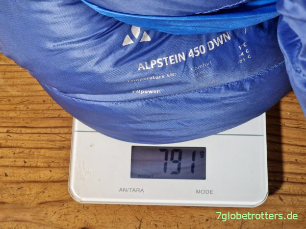Gewicht Daunenhalbschlafsack Vaude Alpstein 450