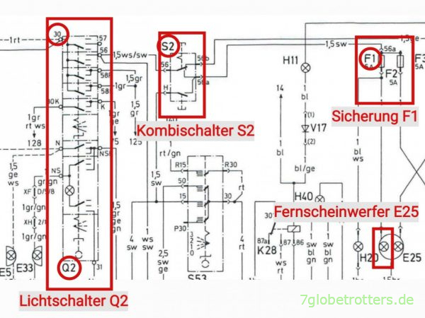 Stromlaufplan Fernlicht Mercedes T2N (aus: Betriebsanleitung, S. 145)