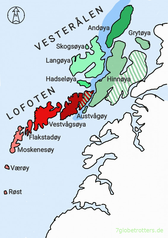 Karte der Lofoten und Vesterålen vor Norwegen