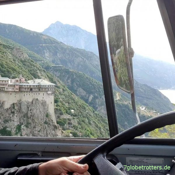 Abschied von Simonos Petras zur Unimog-Testfahrt im U1300L