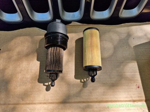 Vergleich alter und neuer Motorölfilter am Jeep Wrangler 3.6 V6