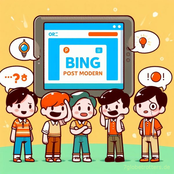 5 Jungs und Mädchen machen sich vor einem Tablet lustig über das altbackene Design von Bing, Postmoderne
