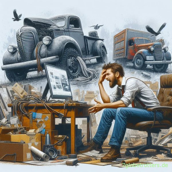 Mann, der am Computer sitzt, sich dabei alte LKWs anschaut und sich die Haare rauft, Realismus