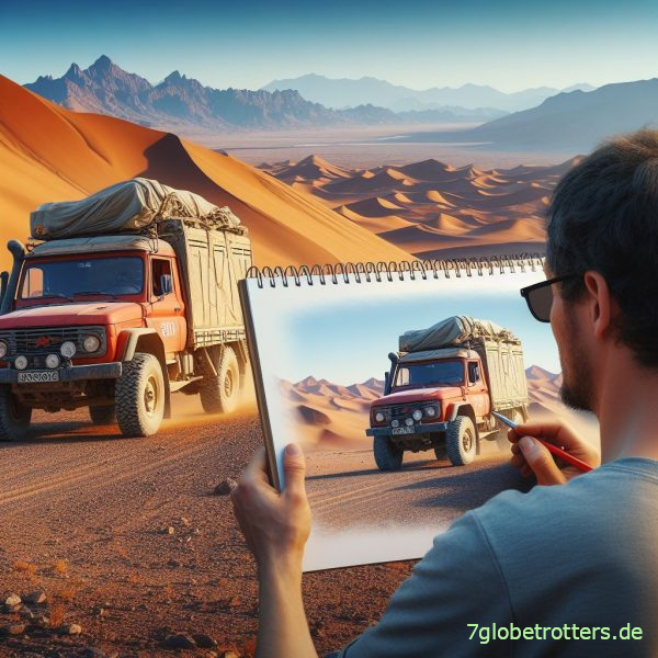 Mann, der einen LIAZ Dakar-Truck in der Wüste sieht und abzeichnet, Fotorealismus