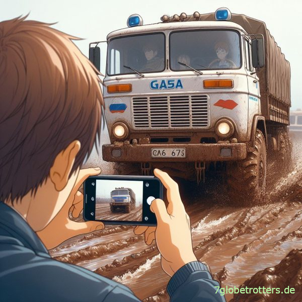 Mann, der mit dem Handy einen im Schlamm vorbeifahrenden russischen LKW GAZ-66 fotografiert, Anime.jpg