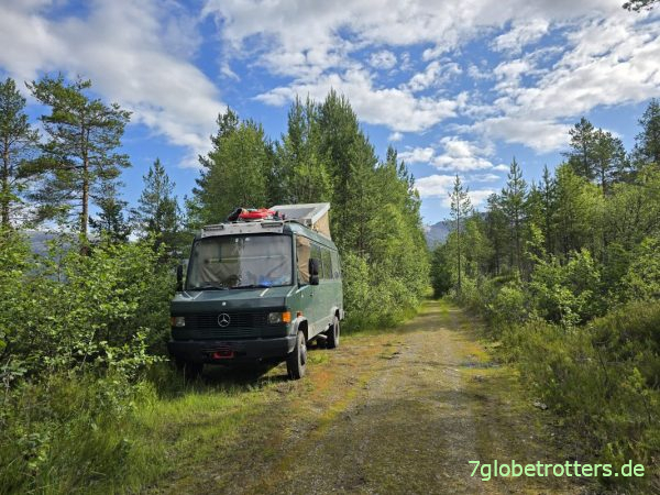 Mercedes 711D am Stellplatz neben der Waldpiste im Bjørndalen Mercedes 711D am Stellplatz neben der Waldpiste im Bjørndalen